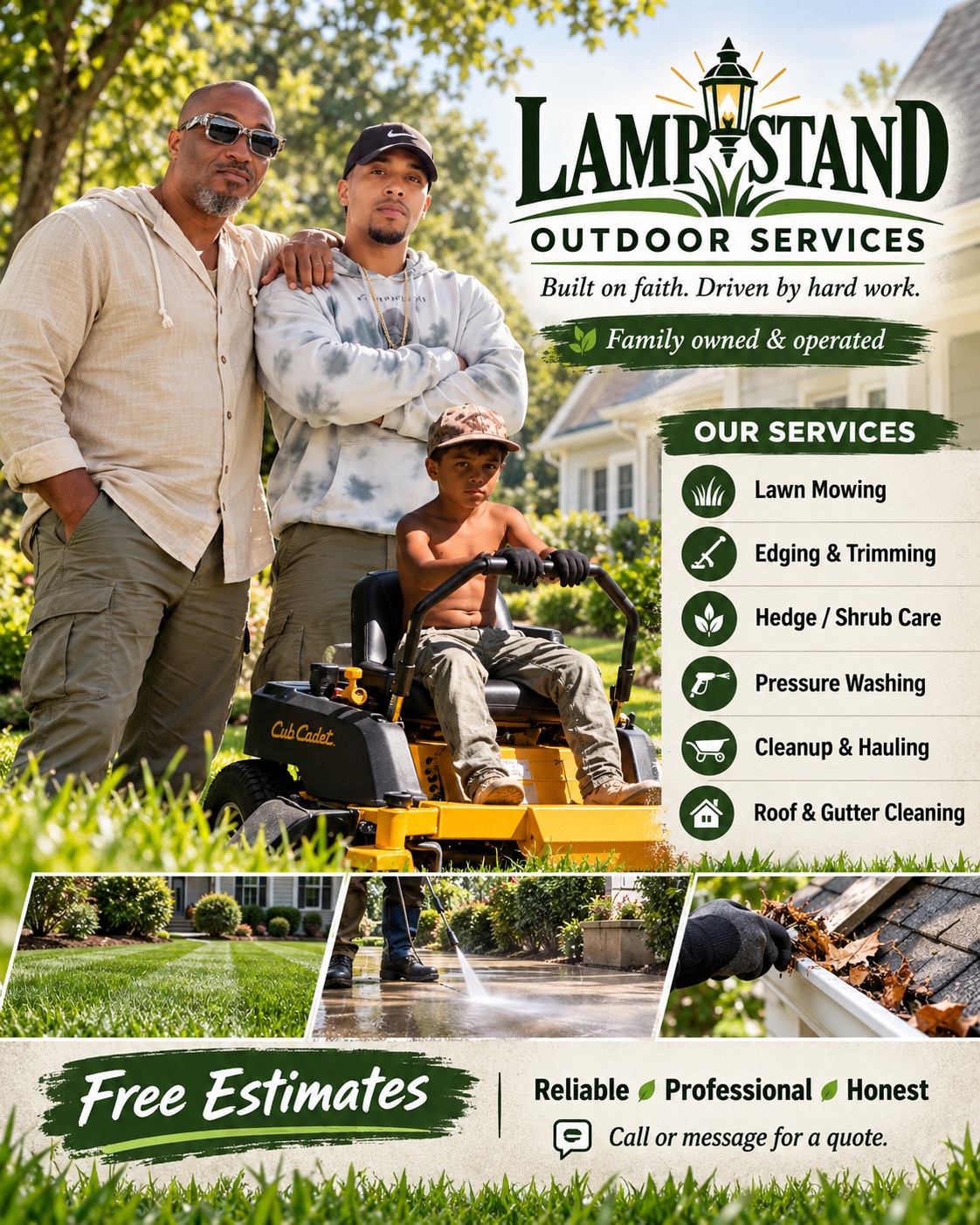 Lampstand Outdoor Services family promotional artwork featuring Marcus, his son and grandson, with the business logo and services